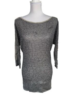 VTG Cache Gray Metallic Knit Lightweight Tunic M Boat Neck 3/4 Sleeve Sparkly